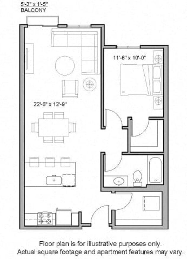 Rendering of the A9 1 Bed South floor plan with 1 bedroom[s] and 1 bathroom[s] at The Whittaker