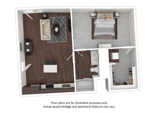 Rendering of the A9 floor plan with 1 bedroom[s] and 1 bathroom[s] at The Casey