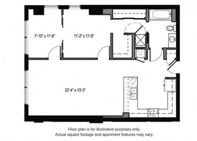 Rendering of the A9 floor plan with 1 bedroom[s] and 1 bathroom[s] at The Martin