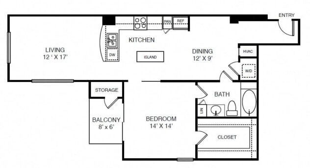 Rendering of the A9 floor plan with 1 bedroom[s] and 1 bathroom[s] at Windsor on the Lake