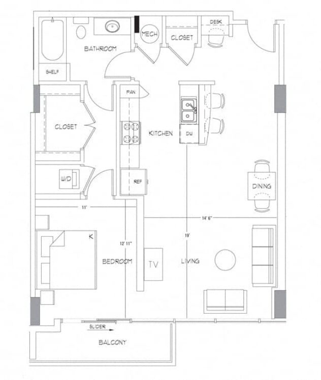 Rendering of the A9 floor plan with 1 bedroom[s] and 1 bathroom[s] at Glass House by Windsor