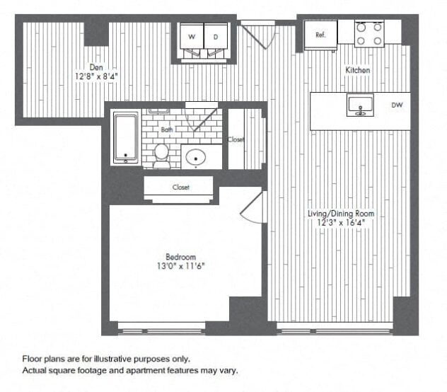 Rendering of the A9 floor plan with 1 bedroom[s] and 1 bathroom[s] at Waterside Place by Windsor