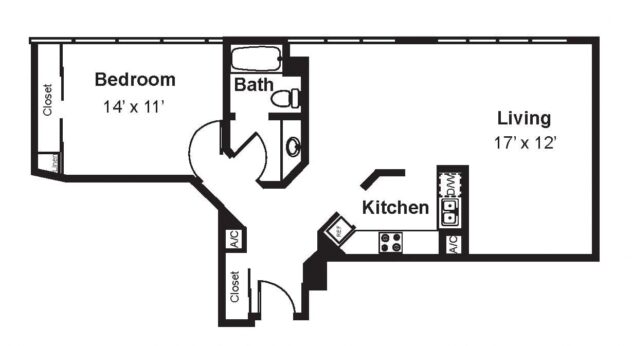 Rendering of the A9 floor plan with 1 bedroom[s] and 1 bathroom[s] at Renaissance Tower