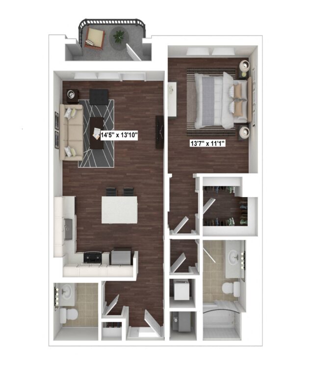 Rendering of the A9 floor plan with 1 bedroom[s] and 1.5 bathroom[s] at The Woodley