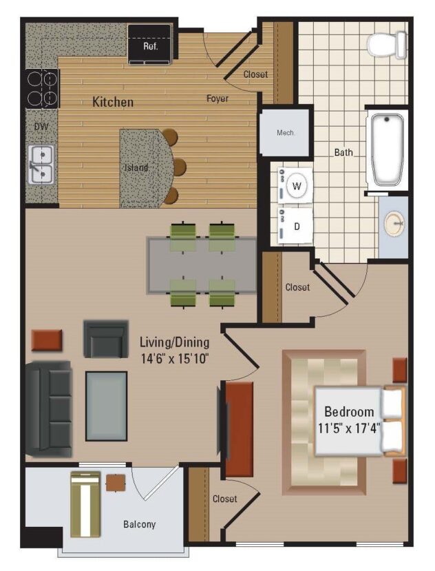 Rendering of the A9 floor plan with 1 bedroom[s] and 1 bathroom[s] at Windsor Leesburg