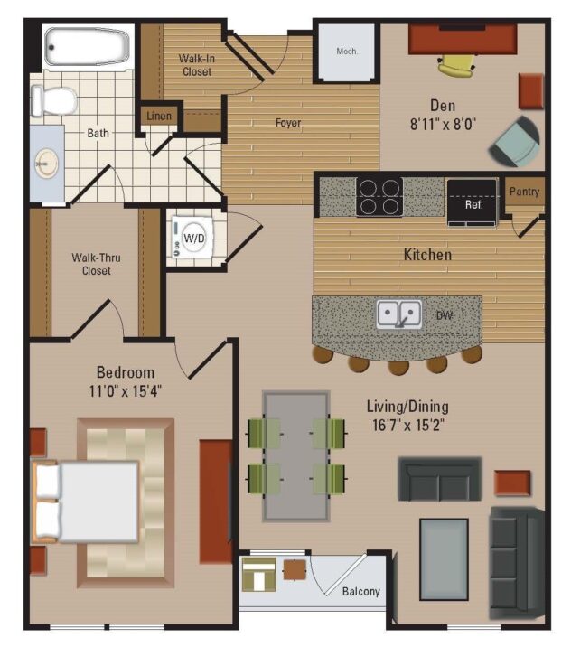 Rendering of the AD1 floor plan with 1 bedroom[s] and 1 bathroom[s] at Windsor Leesburg