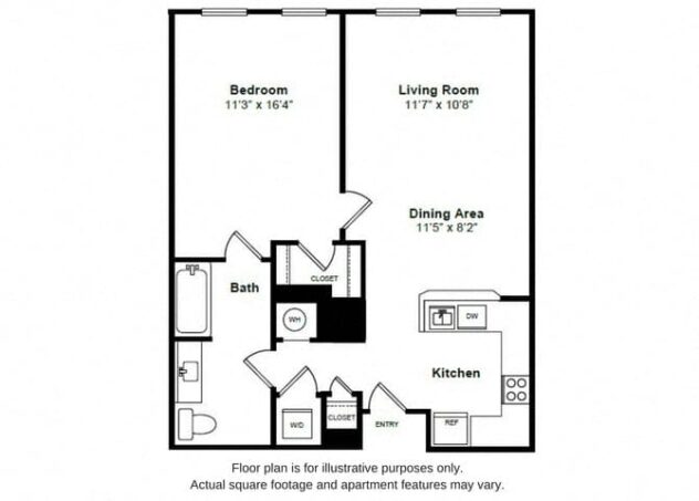 Rendering of the Alexander floor plan with 1 bedroom[s] and 1 bathroom[s] at Windsor at Liberty House