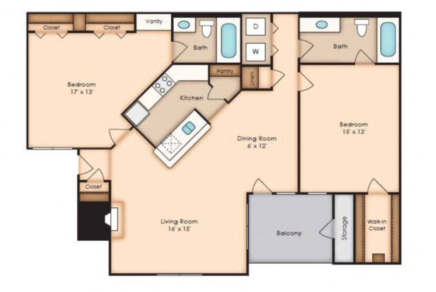 Rendering of the Arbor (B2) floor plan with 2 bedroom[s] and 2 bathroom[s] at Windsor Oak Creek