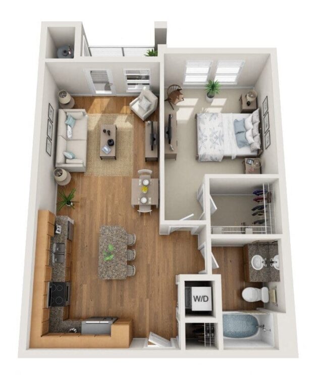 Rendering of the Ariana floor plan with 1 bedroom[s] and 1 bathroom[s] at Element 47 by Windsor