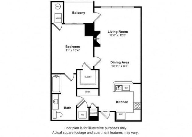 Rendering of the Asbury floor plan with 1 bedroom[s] and 1 bathroom[s] at Windsor at Liberty House