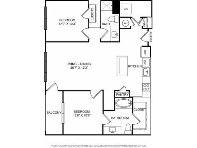 Rendering of the Ashbury floor plan with 2 bedroom[s] and 2 bathroom[s] at The Ridgewood by Windsor