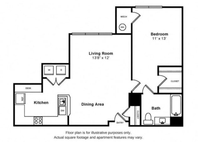 Rendering of the Ashton floor plan with 1 bedroom[s] and 1 bathroom[s] at Windsor at Liberty House