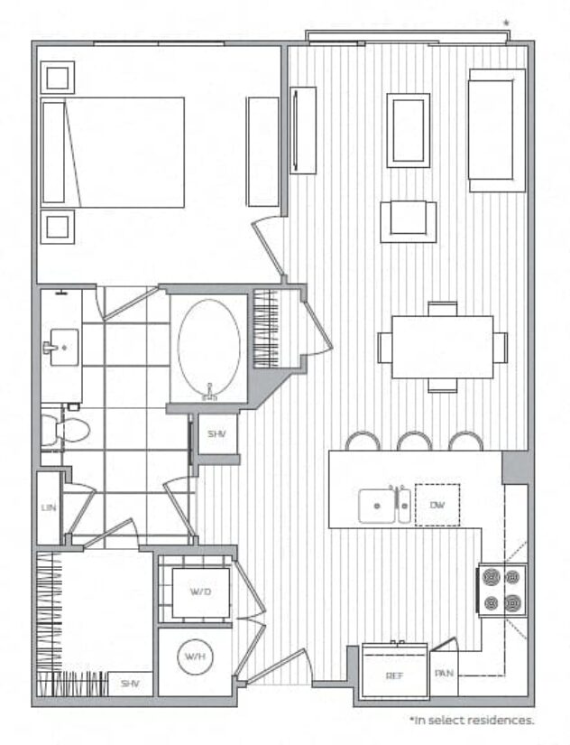 Rendering of the B floor plan with 1 bedroom[s] and 1 bathroom[s] at Windsor Mystic River