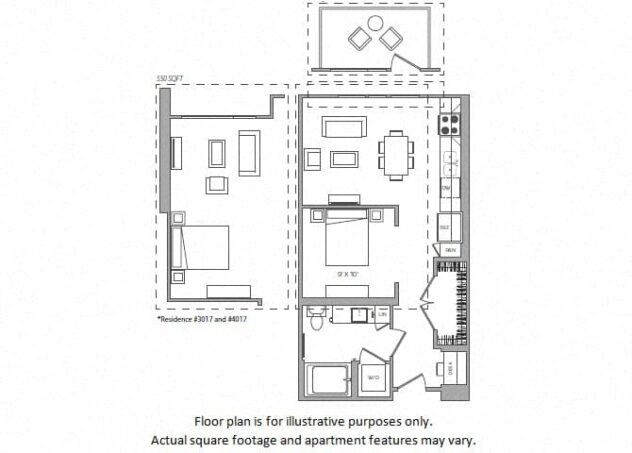 Rendering of the B floor plan with a Studio bedroom and 1 bathroom[s] at Cannery Park by Windsor