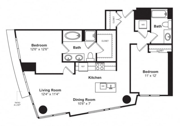 Rendering of the B floor plan with 2 bedroom[s] and 2 bathroom[s] at Cirrus