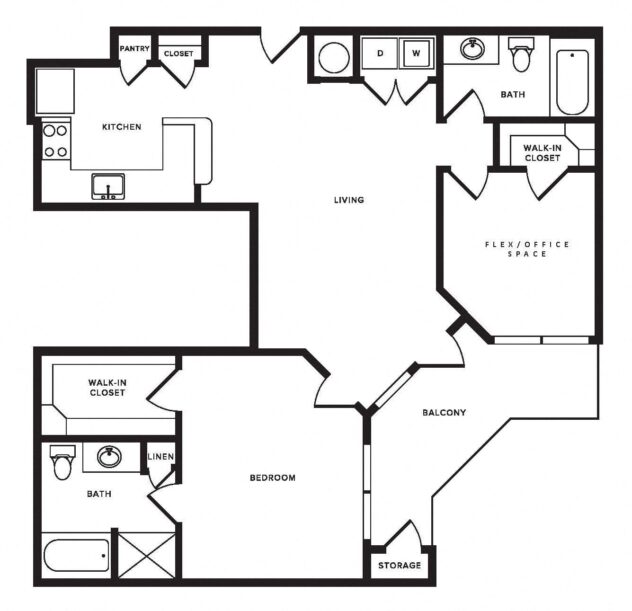 Rendering of the B02 floor plan with 2 bedroom[s] and 2 bathroom[s] at Windsor Shepherd