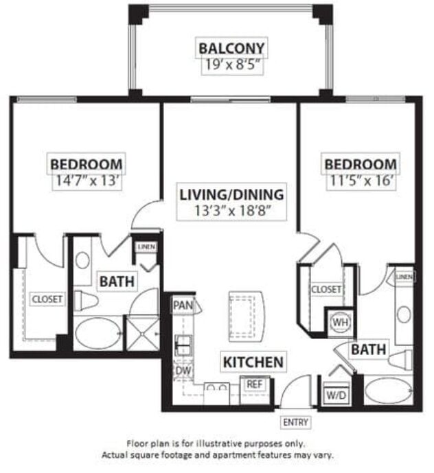 Rendering of the B1 2 Bed 2 Bath floor plan with 2 bedroom[s] and 2 bathroom[s] at Windsor at Doral