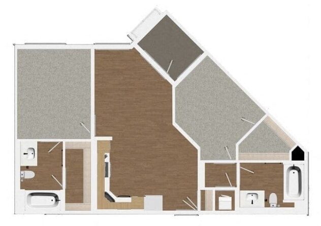 Rendering of the B1 floor plan with 2 bedroom[s] and 2 bathroom[s] at Malden Station by Windsor