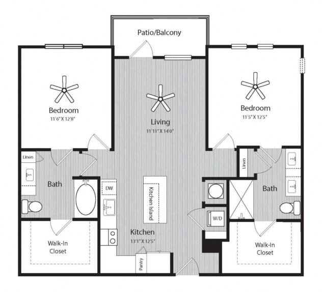 Rendering of the B1 floor plan with 2 bedroom[s] and 2 bathroom[s] at Windsor 335