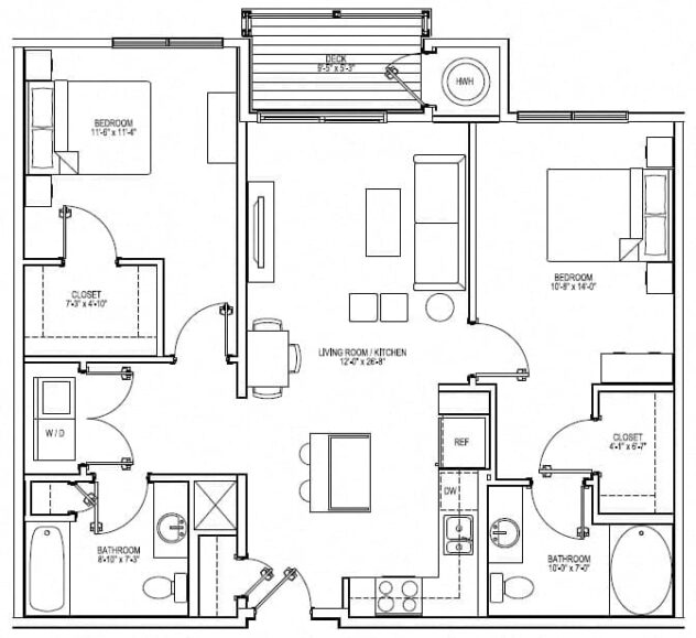 Rendering of the B1 floor plan with 2 bedroom[s] and 2 bathroom[s] at Vox on Two