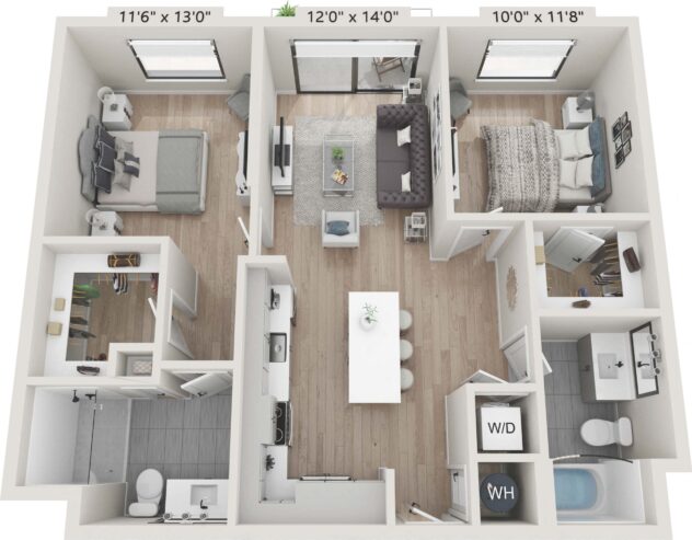 Rendering of the B1 floor plan with 2 bedroom[s] and 2 bathroom[s] at Céntrico by Windsor