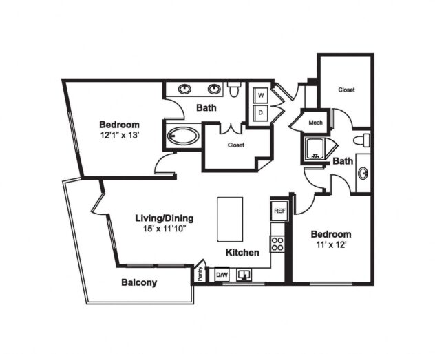 Rendering of the B1 floor plan with 2 bedroom[s] and 2 bathroom[s] at Windsor Fitzhugh