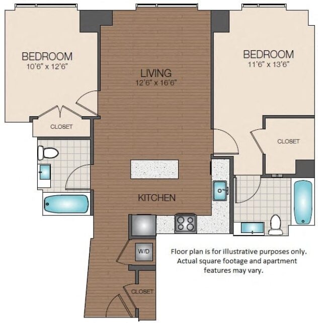 Rendering of the B1 floor plan with 2 bedroom[s] and 2 bathroom[s] at The Victor by Windsor