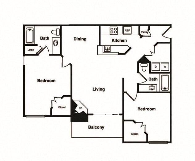 Rendering of the B1 floor plan with 2 bedroom[s] and 2 bathroom[s] at Windsor on White Rock Lake