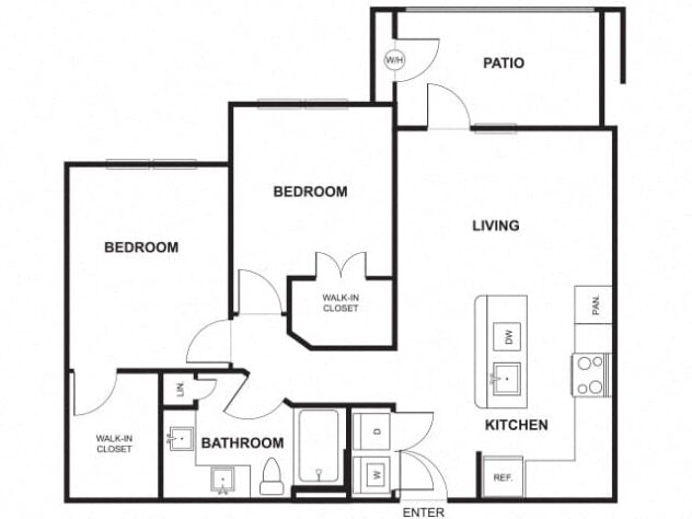 Rendering of the B1 floor plan with 2 bedroom[s] and 1 bathroom[s] at Windsor Ridge