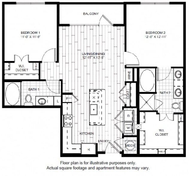 Rendering of the B1 floor plan with 2 bedroom[s] and 2 bathroom[s] at Windsor CityLine