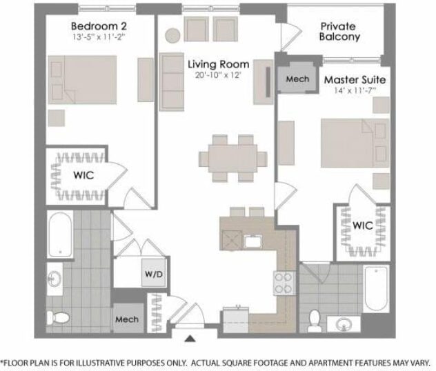 Rendering of the B1 floor plan with 2 bedroom[s] and 2 bathroom[s] at Twenty50 by Windsor