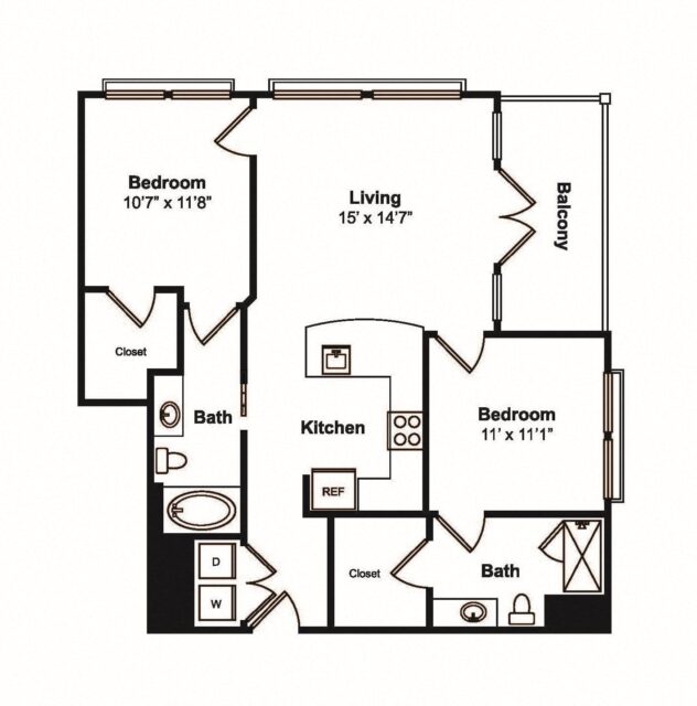 Rendering of the B1 floor plan with 2 bedroom[s] and 2 bathroom[s] at 565 Hank by Windsor