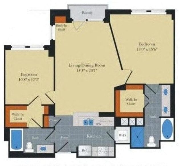 Rendering of the B1 floor plan with 2 bedroom[s] and 2 bathroom[s] at Halstead Tower by Windsor