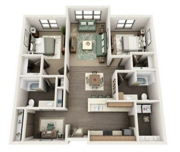 Rendering of the B1 floor plan with 2 bedroom[s] and 2 bathroom[s] at Platform 14