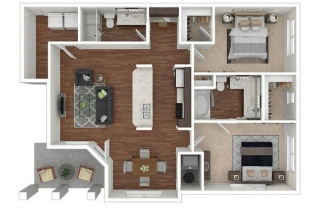 Rendering of the B1 floor plan with 2 bedroom[s] and 2 bathroom[s] at Retreat at the Flatirons