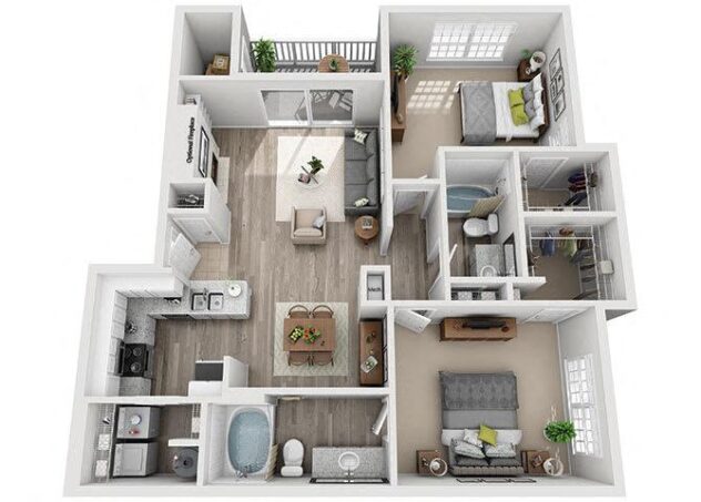 Rendering of the B1 floor plan with 2 bedroom[s] and 2 bathroom[s] at Windsor Addison Park