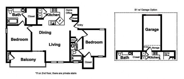 Rendering of the B1 floor plan with 2 bedroom[s] and 2 bathroom[s] at Windsor at Legacy