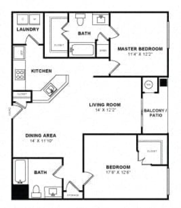 Rendering of the B1 floor plan with 2 bedroom[s] and 2 bathroom[s] at Windsor at Main Place