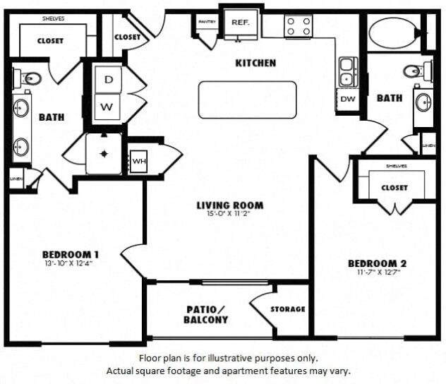 Rendering of the B1 floor plan with 2 bedroom[s] and 2 bathroom[s] at Windsor Burnet