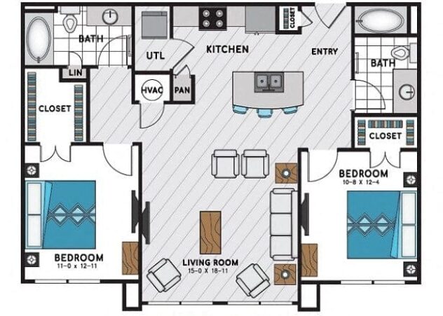 Rendering of the B1 floor plan with 2 bedroom[s] and 2 bathroom[s] at Windsor Chastain