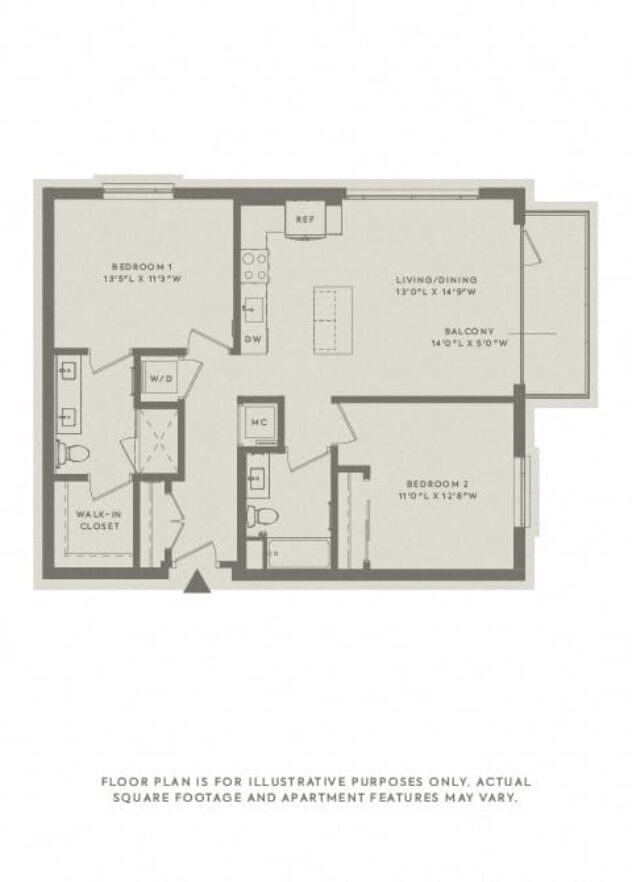 Rendering of the B1 floor plan with 2 bedroom[s] and 2 bathroom[s] at The Sterling at Regent Square