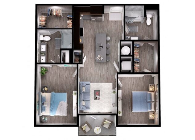 Rendering of the B1 floor plan with 2 bedroom[s] and 2 bathroom[s] at Windsor Interlock