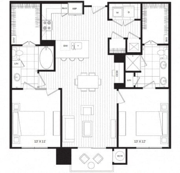 Rendering of the B1 floor plan with 2 bedroom[s] and 2 bathroom[s] at Windsor Oak Hill