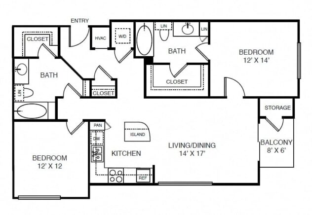 Rendering of the B1 floor plan with 2 bedroom[s] and 2 bathroom[s] at Windsor on the Lake