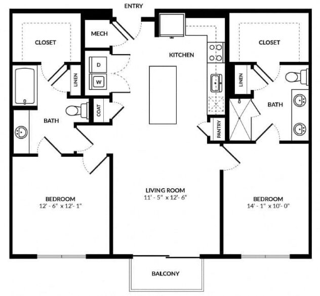 Rendering of the B1 floor plan with 2 bedroom[s] and 2 bathroom[s] at Windsor Preston