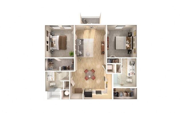 Rendering of the B1 floor plan with 2 bedroom[s] and 2 bathroom[s] at Windsor South Congress