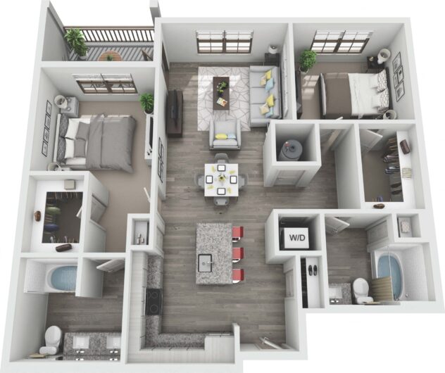 Rendering of the B1 floor plan with 2 bedroom[s] and 2 bathroom[s] at Windsor Sugarloaf