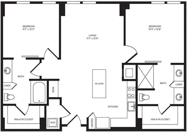 Rendering of the B1 floor plan with 2 bedroom[s] and 2 bathroom[s] at Windsor Turtle Creek