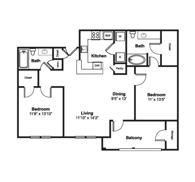 Rendering of the B1 floor plan with 2 bedroom[s] and 2 bathroom[s] at Windsor Westbridge