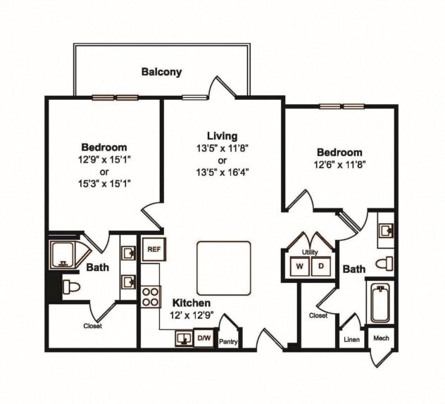 Rendering of the B1 floor plan with 2 bedroom[s] and 2 bathroom[s] at Yaupon by Windsor